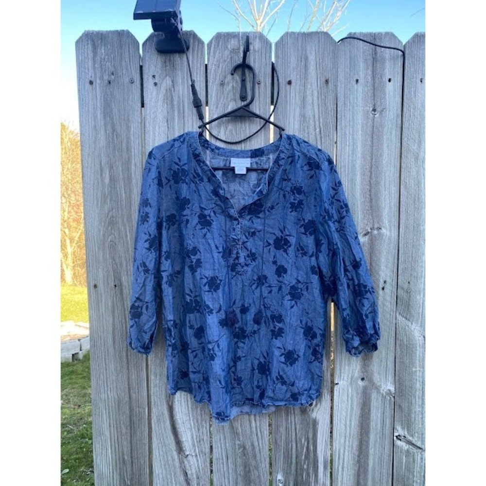 Liz Claiborne Womens Blue Floral Lyocell Split Neck Blouse Top Medium M